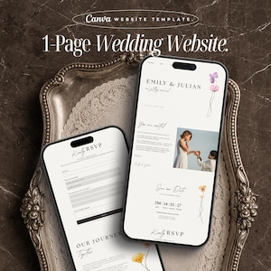 May include: Two smartphones displaying a wedding website template. The website features a minimalist design with the text "EMILY & JULIAN" and "Save the Date." The RSVP form is also visible. The phones rest on a decorative silver tray.