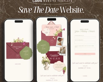 Green Burgundy Pink Wedding Save The Date Website Template Canva Website Digital Wedding Invitation Save The Date Website Wedding