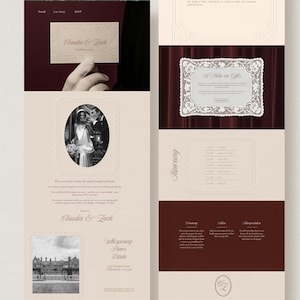 May include: Elegant wedding invitation suite with a cream and burgundy color scheme. Features include a photo of the couple, event details, and the names "Claudia & Zach". Includes the text "Whispering Pines Estate".