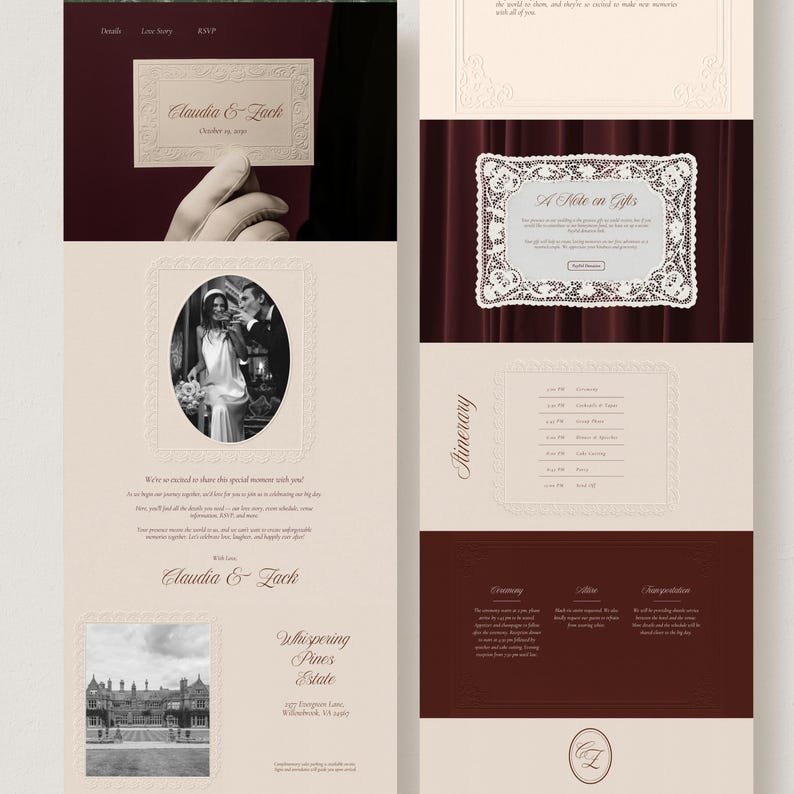 May include: Elegant wedding invitation suite with a cream and burgundy color scheme. Features include a photo of the couple, event details, and the names "Claudia & Zach". Includes the text "Whispering Pines Estate".