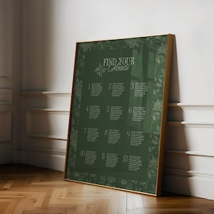 Puede incluir: Un plano de asientos enmarcado con un fondo verde oscuro y un borde dorado. El gráfico presenta el texto "Find Your Seats" en una escritura elegante, junto con los nombres de los invitados organizados en secciones numeradas. Acentos florales y un diseño de ventana añaden elementos decorativos.