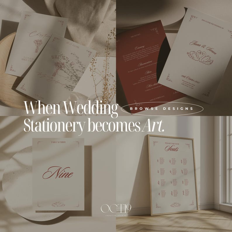 Puede incluir: Una colecci&oacute;n de papeler&iacute;a de boda, que incluye invitaciones y planos de asientos, en un estilo minimalista. Los dise&ntilde;os presentan fuentes elegantes e ilustraciones florales, con una paleta de colores blanco, crema y burdeos. Se muestra el texto "When Wedding Stationery becomes Art".