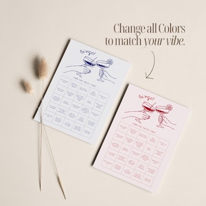 May include: Two bingo cards, one white with blue ink and one pink with red ink, are displayed. The cards feature cocktail illustrations and the text "Bingo!" and "Find the Guest That..." The text "Change all Colors to match your vibe" is also present.