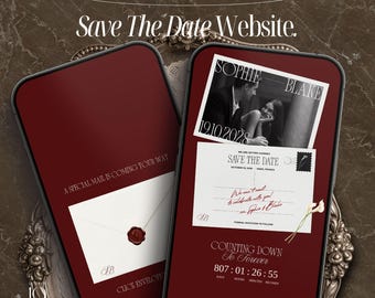Modelo de site para convite de casamento vintage em formato de cartão postal, criado no Canva. Convite de casamento digital para site.