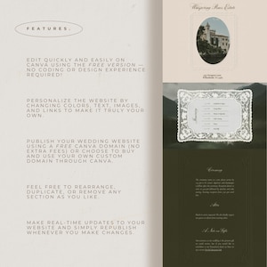 May include: A wedding website template with a vintage aesthetic. The design includes text and images, with a focus on ease of use and customization. Features include Canva integration and domain options.
