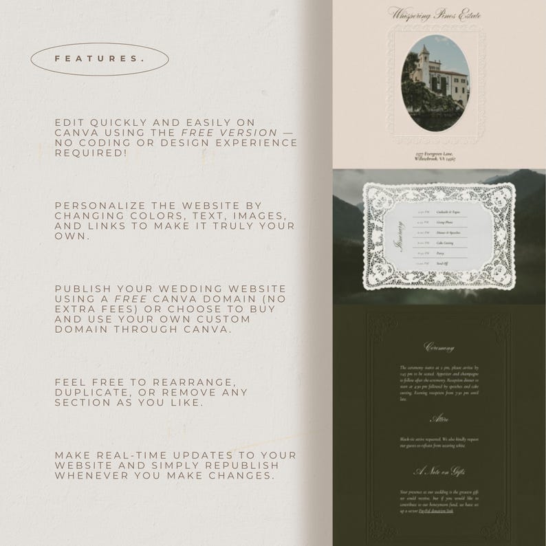 May include: A wedding website template with a vintage aesthetic. The design includes text and images, with a focus on ease of use and customization. Features include Canva integration and domain options.