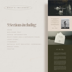 May include: A wedding invitation suite with a neutral color palette. The design includes text that reads "What's Included?" and "9 Sections including:" followed by a list of sections. Additional images show swans, a couple, and an envelope.