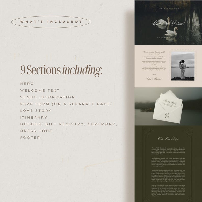 May include: A wedding invitation suite with a neutral color palette. The design includes text that reads "What's Included?" and "9 Sections including:" followed by a list of sections. Additional images show swans, a couple, and an envelope.