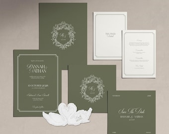 Olive Green Old Money Wedding Invitation Suite Vintage Swan Wedding Invite With RSVP Card Retro Wedding Invitations Coquette Wedding