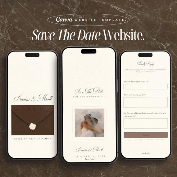 Vintage Editorial Wedding Save The Date Website Template Canva Website Digital Wedding Invitation Save The Date Website Wedding