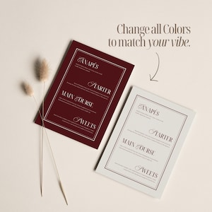 Puede incluir: Dos tarjetas de men&uacute;, una burdeos y otra blanquecina, con texto elegante. La tarjeta burdeos dice "ANAP&Eacute;S," "STARTER," "MAIN COURSE," y "SWEETS." La tarjeta blanquecina tiene el mismo texto. El texto "Change all Colors to match your vibe" est&aacute; arriba.