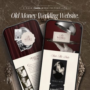 Könnte beinhalten: Eine digitale Hochzeitswebsite-Vorlage auf zwei Smartphones. Das Design zeigt einen bordeauxroten Vorhanghintergrund, Vintage-Fotos und den Text "Old Money Wedding Website". Ein Telefon zeigt "The Details", das andere "Save The Date".