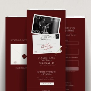 May include: A digital wedding invitation website template with a deep burgundy background. It features a black and white photo of a couple, a postcard graphic with the text "SAVE THE DATE," a countdown timer, and a form to share mailing details.