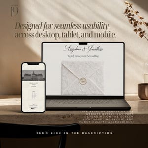 May include: A laptop and smartphone display a wedding invitation design. The laptop screen shows the names "Angelina & Jonathan" and the words "joyfully invite you to their wedding." The smartphone displays a wedding website. Text reads "Designed for seamless usability across desktop, tablet, and mobile."