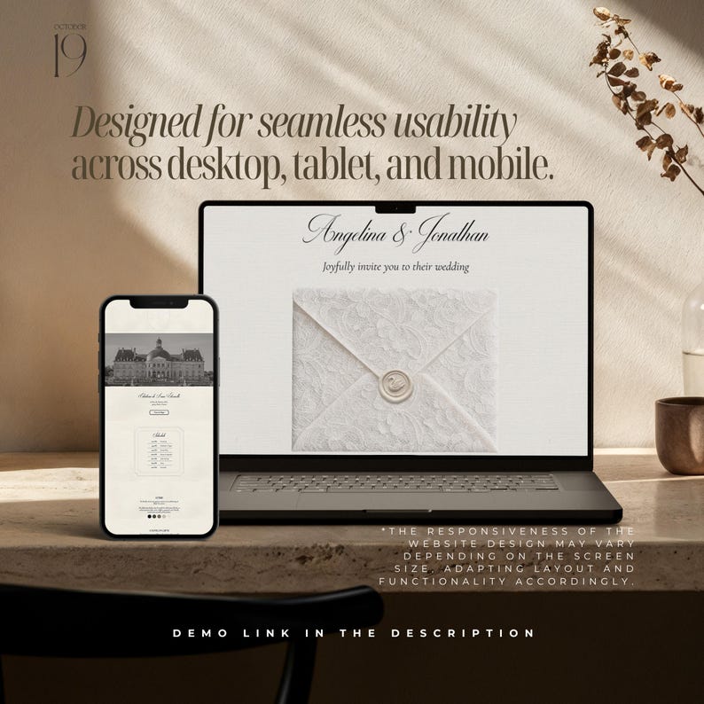 May include: A laptop and smartphone display a wedding invitation design. The laptop screen shows the names "Angelina & Jonathan" and the words "joyfully invite you to their wedding." The smartphone displays a wedding website. Text reads "Designed for seamless usability across desktop, tablet, and mobile."