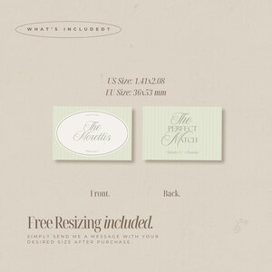 Puede incluir: Dos tarjetas verde claro con texto, una con un dise&ntilde;o ovalado que dice "The Morettis" y la otra "The Perfect Match". Las tarjetas miden 36 x 53 mm. El texto "Free Resizing included" tambi&eacute;n es visible.