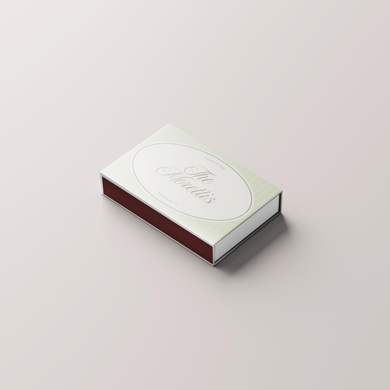 Puede incluir: Una caja de cerillas rectangular con un dise&ntilde;o verde claro y blanco. La parte superior presenta un &oacute;valo con la inscripci&oacute;n "The Morettis" en escritura elegante. La superficie de fricci&oacute;n es de color marr&oacute;n rojizo oscuro.