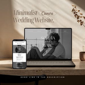 Puede incluir: Un portátil y un smartphone muestran un diseño minimalista de sitio web de bodas. La pantalla del portátil muestra "Sophia and Marc" con una fecha. El smartphone muestra un formulario RSVP "Save the Date". Texto: "Minimalist Canva Wedding Website."