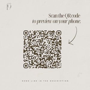 May include: A square dark brown QR code on a light beige background. Text reads: October 19, Scan the QR code to preview on your phone, and DEMO LINK IN THE DESCRIPTION. A curved arrow points from the text toward the QR code.