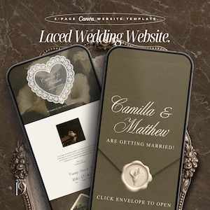 May include: Two smartphones displaying a 3-page Canva website template titled Laced Wedding Website. The screens show the names Camilla & Matthew, a white lace heart graphic, a wax seal with a calla lily, and text reading Are Getting Married.