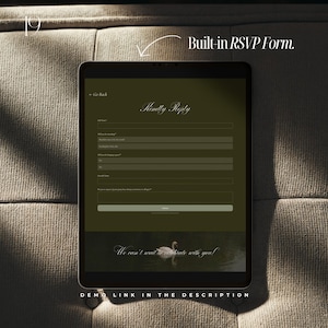 May include: A black tablet displaying a built-in RSVP form with the text "Kindly Reply." The screen has a green background with white text and a swan graphic. The text "We can't wait to celebrate with you!" is at the bottom. The text "DEMO LINK IN THE DESCRIPTION" is at the bottom.