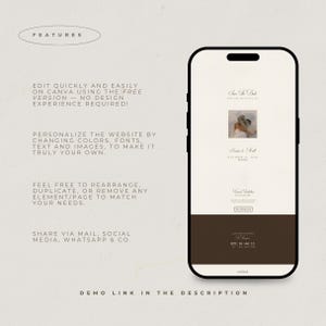 May include: A smartphone displaying a digital wedding invitation template with a cream background and dark brown footer. The screen shows text including Save The Date, Louise & Matt, October 24, 2024, and a countdown timer. Text on the left lists editing features.