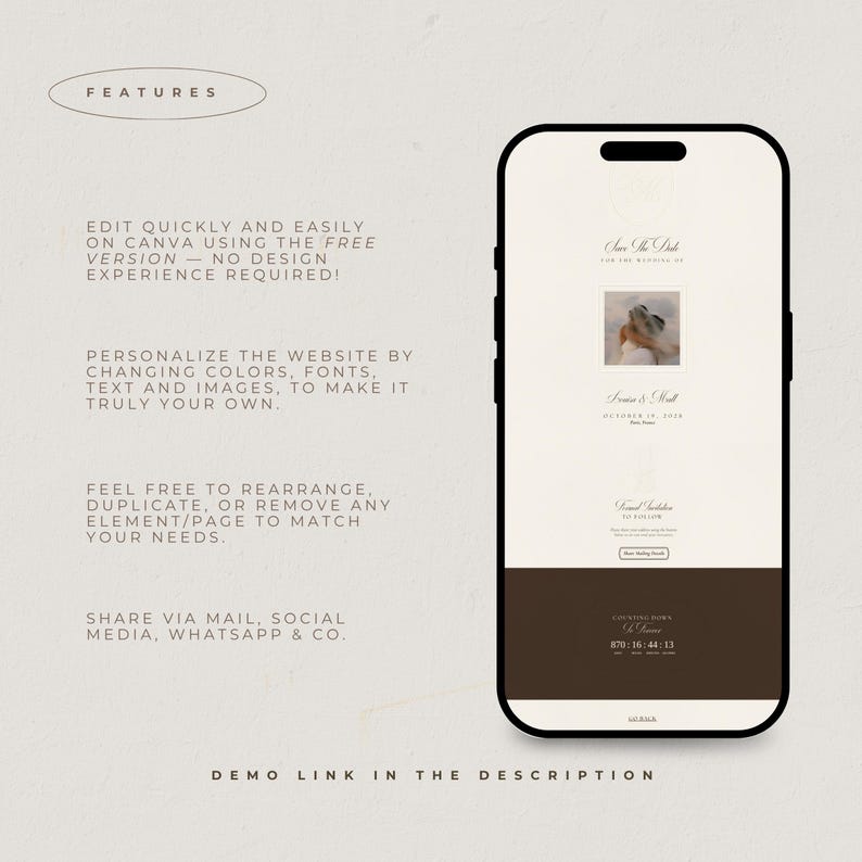 May include: A smartphone displaying a digital wedding invitation template with a cream background and dark brown footer. The screen shows text including Save The Date, Louise & Matt, October 24, 2024, and a countdown timer. Text on the left lists editing features.
