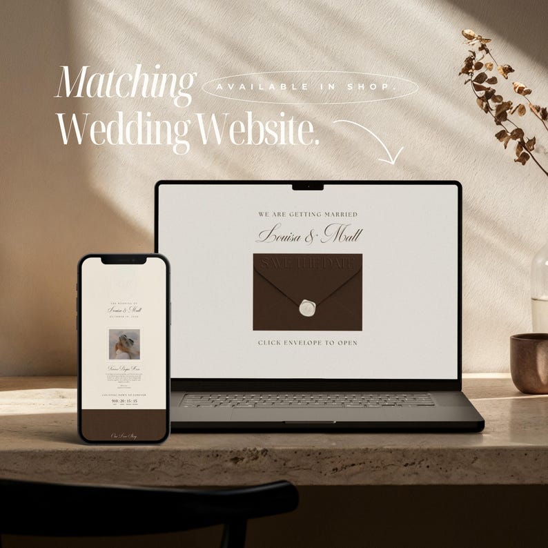 May include: A laptop and a smartphone displaying a wedding website template. The screen text reads "We are getting married Louisa & Matt" and "Save the date" with an envelope graphic. The text "Matching Wedding Website" is visible above.