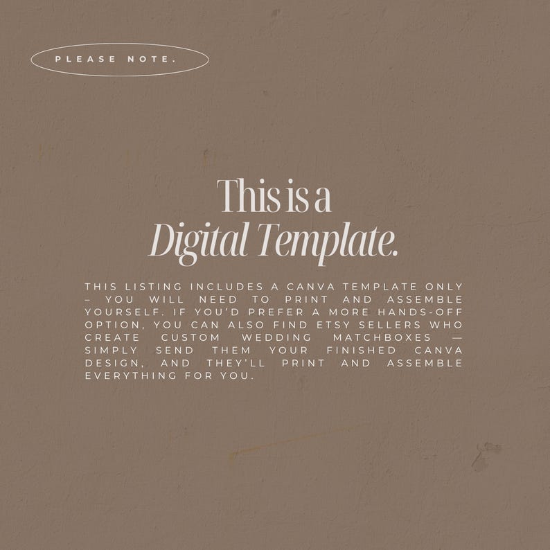 Pu&ograve; includere: Annuncio di modello digitale su sfondo marrone. Il testo recita "This is a Digital Template." Ulteriore testo spiega che l'annuncio include un modello Canva e richiede la stampa e il montaggio.