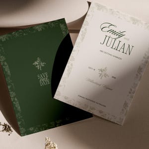 Pode incluir: Dois cartões de convite de casamento. Um é verde escuro com borda floral e texto "SAVE THE DATE". O outro é branco com borda floral e os nomes "Emily e Julian" com o texto "ARE GETTING MARRIED!" e "OCT. 19 2030".