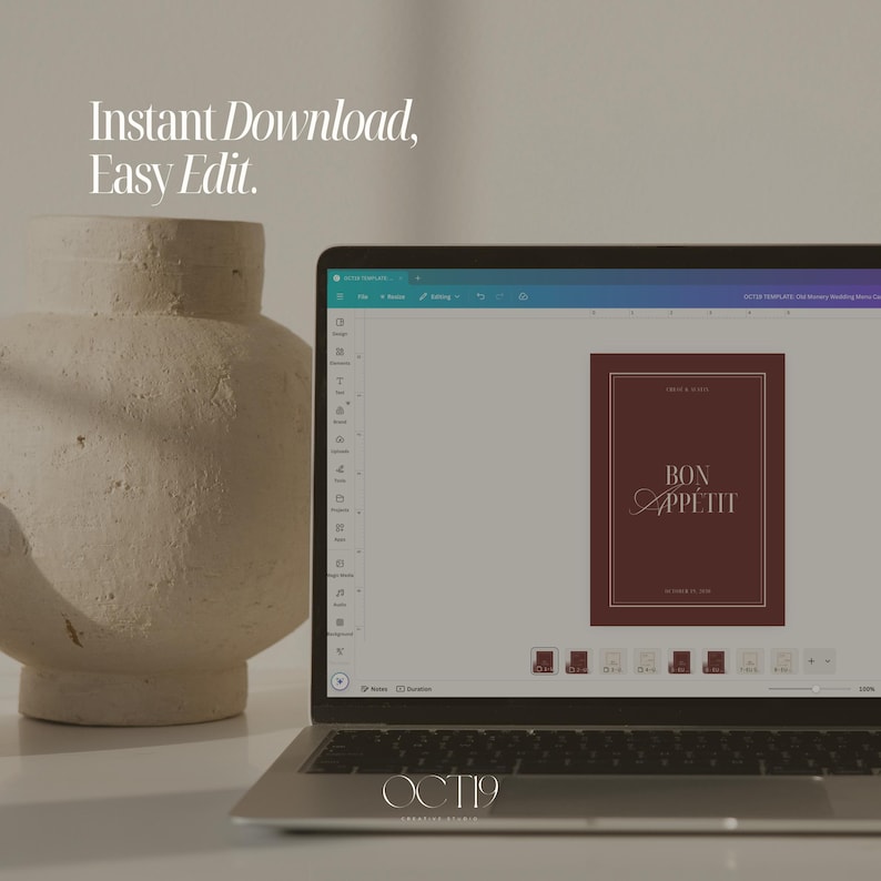 Puede incluir: Un port&aacute;til muestra una invitaci&oacute;n digital de color burdeos con las palabras "Bon App&eacute;tit" en una elegante escritura. El texto "Instant Download, Easy Edit" est&aacute; encima del port&aacute;til. A la izquierda hay un jarr&oacute;n texturizado de color blanquecino.