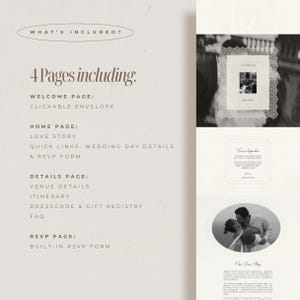 May include: A wedding invitation suite with a minimalist design. The text "WHAT'S INCLUDED?" is at the top, followed by a list of pages: Welcome, Home, Details, and RSVP. The Home page includes a Love Story section. The suite also includes a photo of a couple.