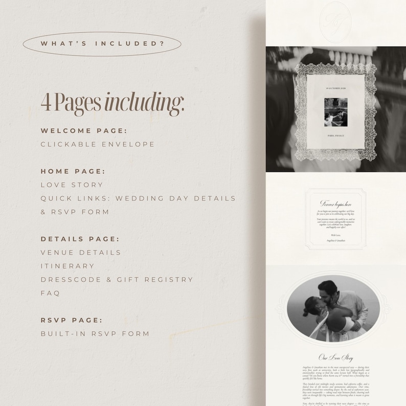 May include: A wedding invitation suite with a minimalist design. The text "WHAT'S INCLUDED?" is at the top, followed by a list of pages: Welcome, Home, Details, and RSVP. The Home page includes a Love Story section. The suite also includes a photo of a couple.