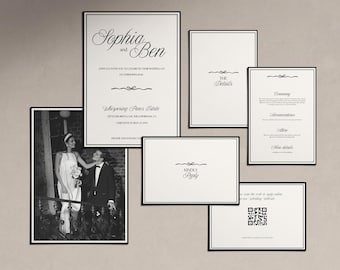 Conjunto de convites de casamento Old Money, estilo vintage, com cartão RSVP, modelo Canva para convites de casamento retrô.