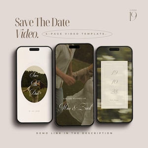 Könnte beinhalten: Drei Smartphones zeigen eine Save The Date Videovorlage. Die Bildschirme zeigen ein ovales Foto eines Paares, einen Videoclip mit dem Text For the wedding of Mia & Zack und ein Datum 19 10 28 in Paris, Frankreich. Text enthält Save The Date Video.