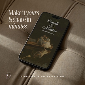 K&ouml;nnte beinhalten: Ein Smartphone zeigt eine digitale Hochzeitseinladung mit dem Text Camilla & Matthew are getting married und einem Paar auf einem Holzsteg. Auf dem Bildschirm steht zudem Make it yours & share in minutes sowie Demo link in the description.