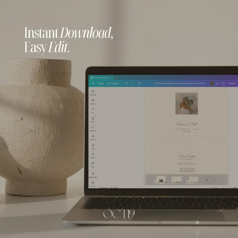 May include: A laptop displaying a digital design interface for a wedding invitation template with the text Instant Download, Easy Edit. Next to the laptop is a large, textured, beige ceramic vase with a wide body and a narrow neck.