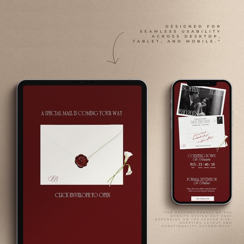 May include: A digital display showing a dark red interface with a white envelope sealed with wax, featuring the text A SPECIAL MAIL IS COMING YOUR WAY and CLICK ENVELOPE TO OPEN. A mobile phone displays a wedding save the date design with countdown.