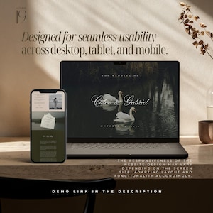 May include: A laptop and smartphone display a wedding website design. The laptop screen shows swans on a lake with the names "Chloe & Gabriel." The phone displays a wedding invitation. Text reads "Designed for seamless usability across desktop, tablet, and mobile."