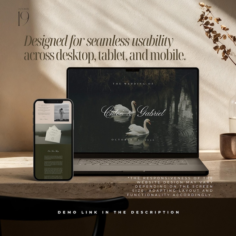 May include: A laptop and smartphone display a wedding website design. The laptop screen shows swans on a lake with the names "Chloe & Gabriel." The phone displays a wedding invitation. Text reads "Designed for seamless usability across desktop, tablet, and mobile."