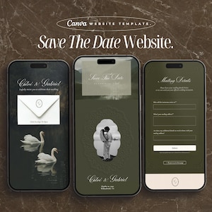 May include: Three smartphones displaying a wedding website template. The first phone shows an invitation with swans, the second a couple embracing, and the third a mailing details form. The text reads "Save The Date Website."