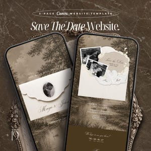 Könnte beinhalten: Eine 3-seitige Canva-Website-Vorlage für eine Save-The-Date-Ankündigung. Das Design zeigt eine sepiafarbene Waldlandschaft, eine Umschlag-Grafik mit einem Paarfoto und den Text Save The Date Website, Maya & John sowie Formal Invitation To Follow.