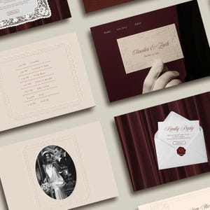 May include: Elegant wedding invitation suite featuring cream-colored cards with embossed details and a photo of the couple. Includes a schedule, RSVP card, and a card with the names "Claudia & Zach" and the date.