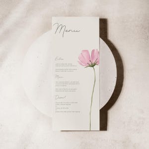 Menú de cena de flores silvestres para bodas Menú de flores Plantilla de menú de boda floral Elegante conjunto de menú de boda de flores silvestres Tarjetas de menú de cena boho