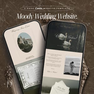 May include: Two smartphone screens displaying a wedding website template. The left screen shows a venue photo and event details. The right screen features a photo of swans, wedding details, and a couple. Text includes "Moody Wedding Website."