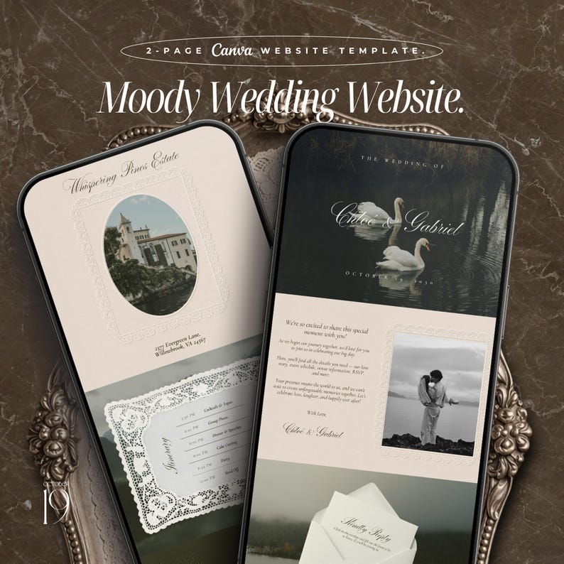 May include: Two smartphone screens displaying a wedding website template. The left screen shows a venue photo and event details. The right screen features a photo of swans, wedding details, and a couple. Text includes "Moody Wedding Website."