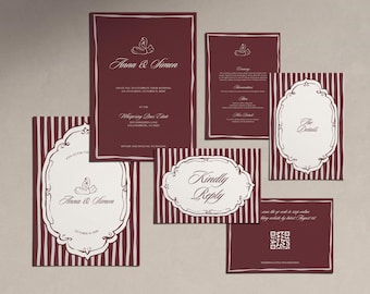 Könnte beinhalten: Ein Set burgunderfarbener Hochzeitseinladungen mit weißen Akzenten. Die Einladungen umfassen verschiedene Kartengrößen, einige mit vertikalen Streifen. Der Text enthält die Namen "Anna & Simon" und "Kindly Reply".