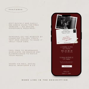 May include: A smartphone displaying a digital wedding invitation template on a dark red background. The screen shows a black and white photo of a couple, a save the date postcard graphic, a countdown timer, and text reading Sophie & Blake.