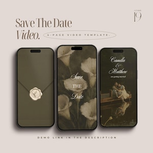 Può includere: Tre smartphone che mostrano un modello video Save The Date. Gli schermi mostrano una busta con un sigillo di cera, uno sfondo floreale con il testo Save THE Date e una coppia su un molo con il testo Camilla & Matthew are getting married.