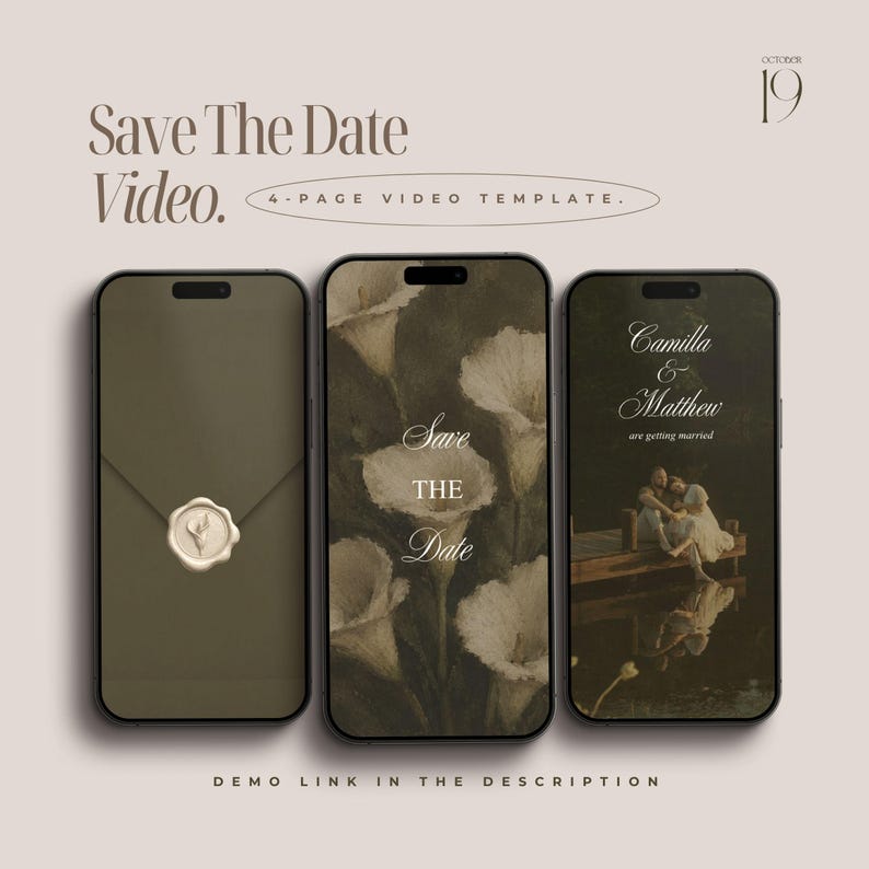 K&ouml;nnte beinhalten: Drei Smartphones zeigen eine Save The Date Videovorlage. Die Bildschirme zeigen einen Umschlag mit Wachssiegel, einen floralen Hintergrund mit dem Text Save THE Date und ein Paar auf einem Steg mit dem Text Camilla & Matthew are getting married.